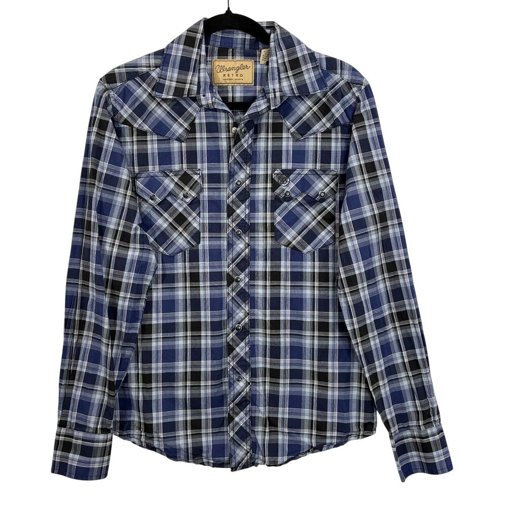 Wrangler Retro Mens Size S Snap Up Shirt Western Cowboy Blue Black Plaid Retro